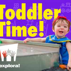 Toddler Time flyer with child in the water play area