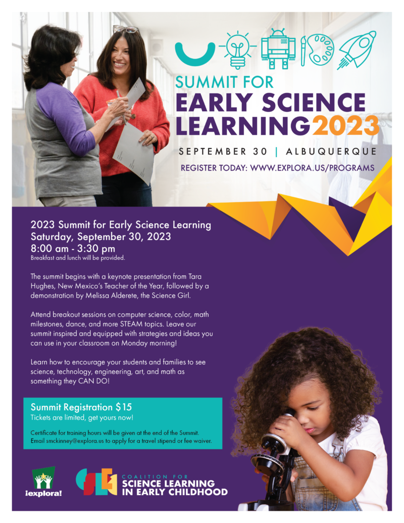 Flyer for the Coalition for Science Learning in Early Childhood's Summit on September 30 at Explora. Registration is $15