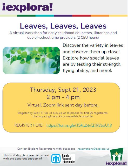 Flyer for Leaves, Leaves, Leaves, a virtual workshop for early childhood educators, librarians and out of school time providers.