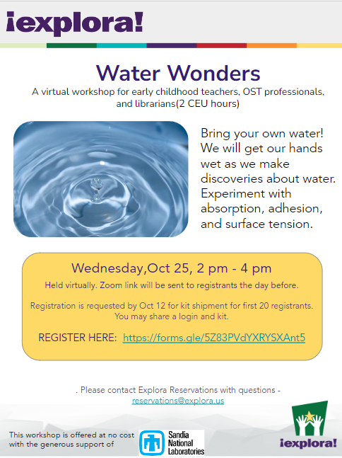 Water Wonders flyer for a virtual workshop for early childhood teachers, OST professionals, and librarians