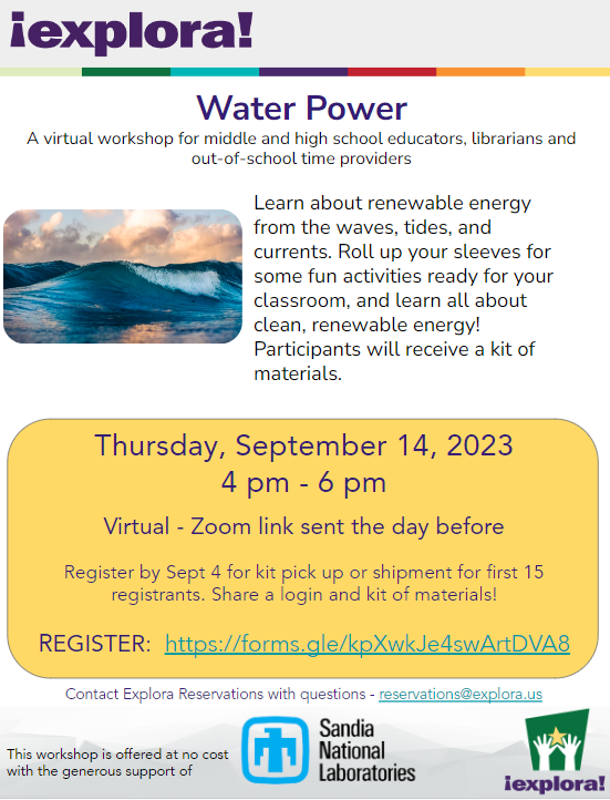 Water Power Teacher Workshop September 14 2023 Flyer