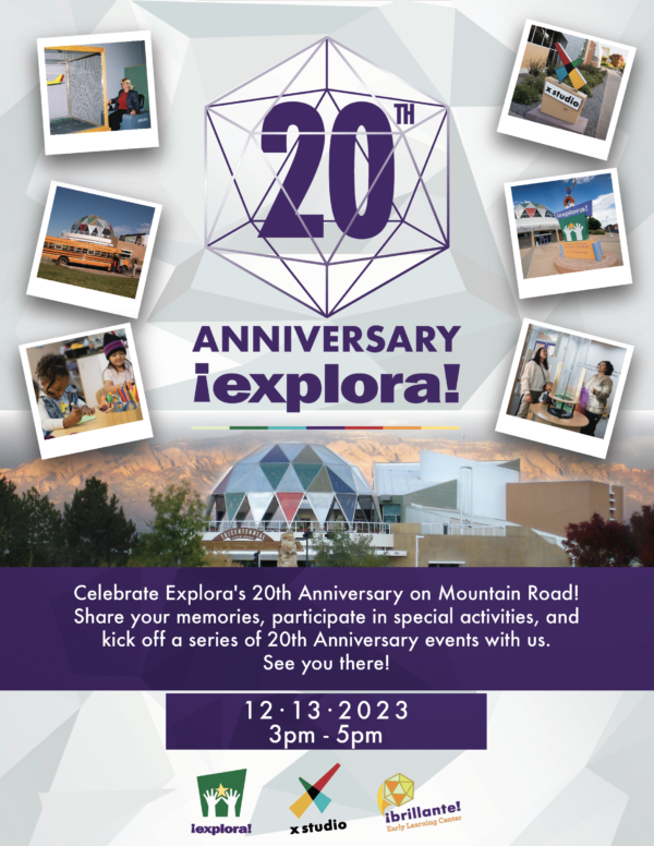 20th Anniversary flyer at Explora. Pictures of Explora through the ages and explaining that December 13th has special events.
