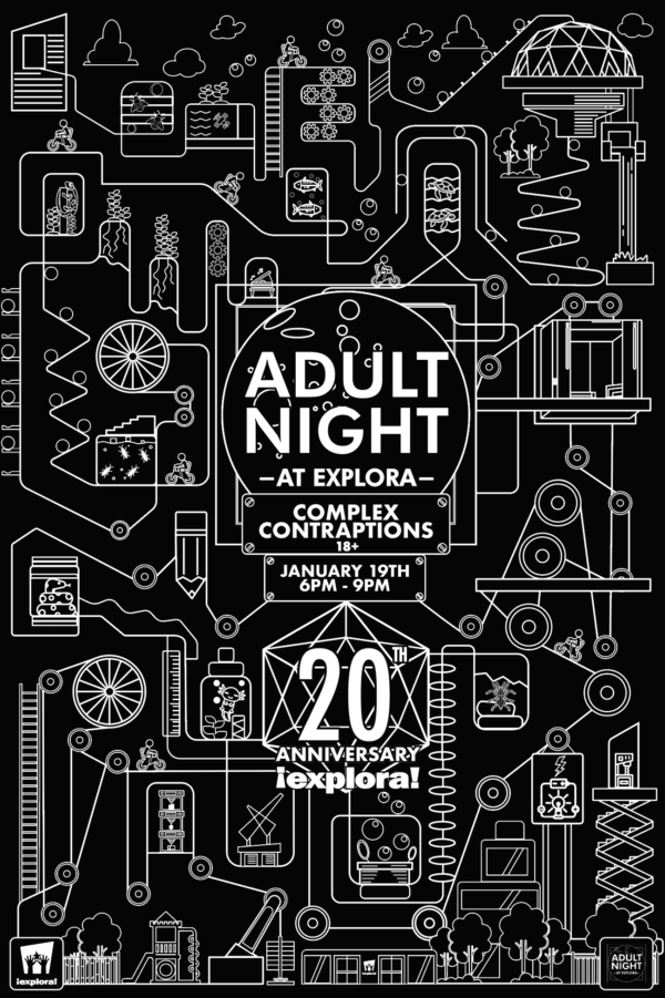 Complex Contraptions Adult Night Flyer for January 19 2024 at Explora with white complex doodle contraptions on a black background