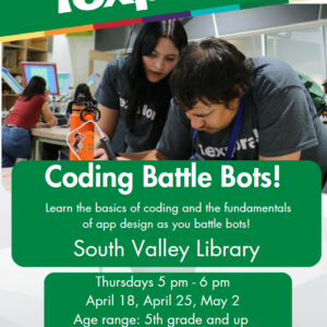 Two people using a 3D pen in the makerspace on a flyer for Coding Battle Bots at South Valley Library