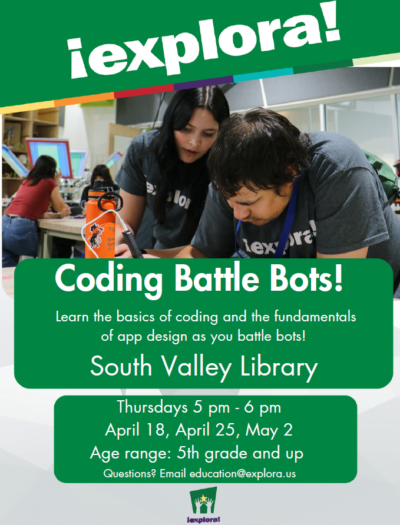 Two people using a 3D pen in the makerspace on a flyer for Coding Battle Bots at South Valley Library