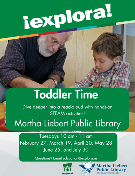 Toddler Time flyer at Martha Liebert Public Library for Feb 27, arch 19, April 30, May 29, June 25, and July 30 in 2024