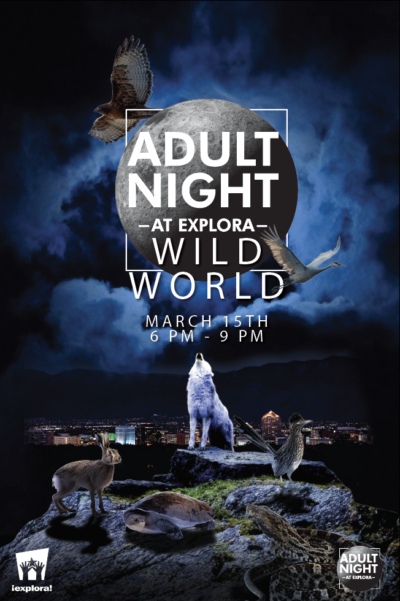 Wolf howling at the adult night moon logo with the city of Albuquerque in the background as a flyer for Adult Night Wild World at Explora on March 15 from 6-9
