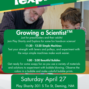 Growing A Scientist Flyer for Saturday Apr 27 2024 at Play Sharity. A program for preschoolers and their adults