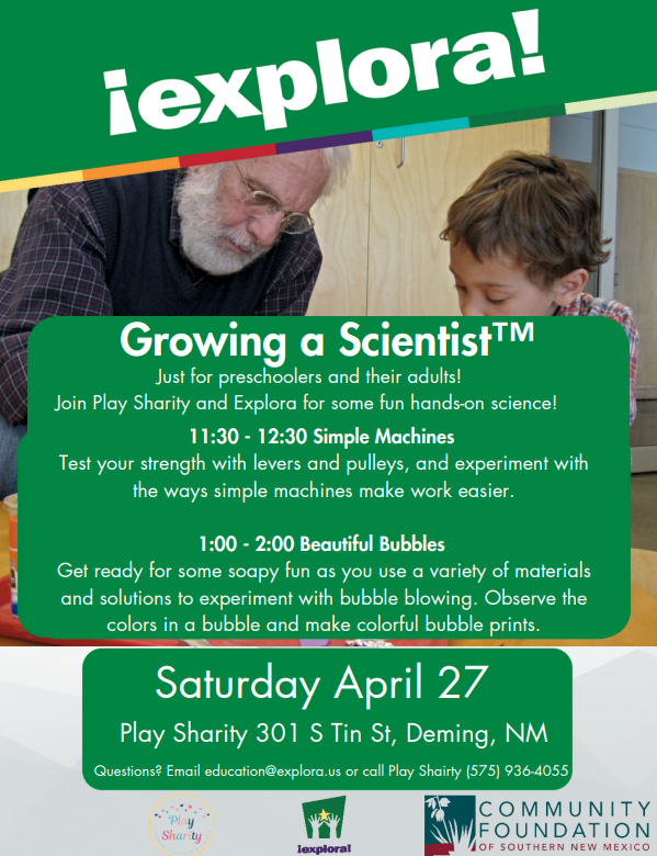 Growing A Scientist Flyer for Saturday Apr 27 2024 at Play Sharity. A program for preschoolers and their adults