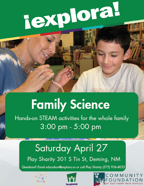 Family Science Hands on STEAM Activities flyer for Explora. At Play Sharity on April 27. Picture of woman and child smiling in a library