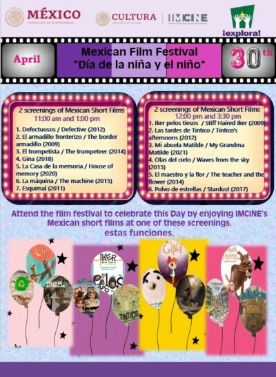 Flyer for list of films to be played at Explora on Dia de la nina y el nino