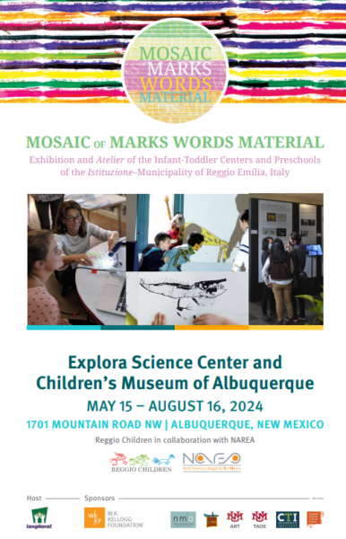 Mosaic of marks World Material Flyer. Multi colored lines at top, Mosaic Marks Words Material logo in circle. Images of childs drawing, children playing, an interactive exhibit, and people standing by panel boards. Exhibit at Explora from May 15 to August 16 2024. Sponsor logos at bottom.